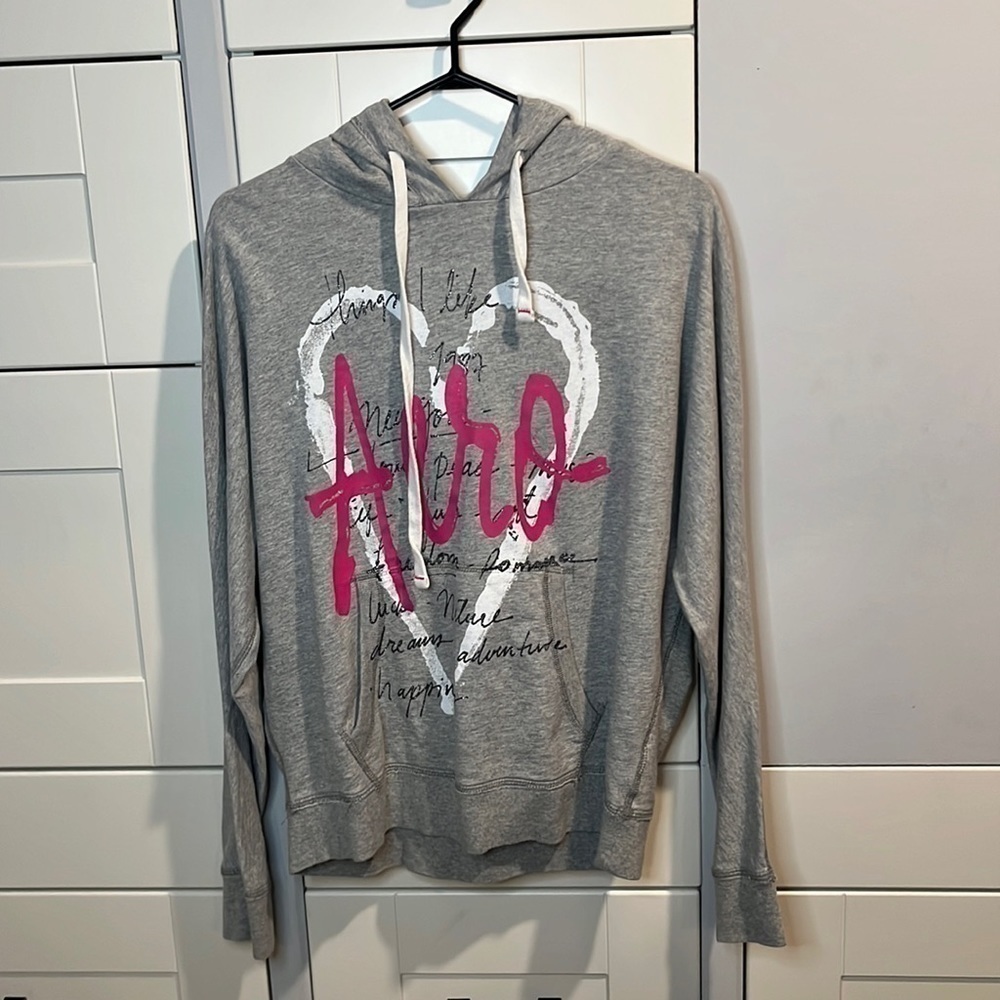 AÉROPOSTALE.  Large. Hoodie. Heather gray. Heart. Metallic. Pink.
